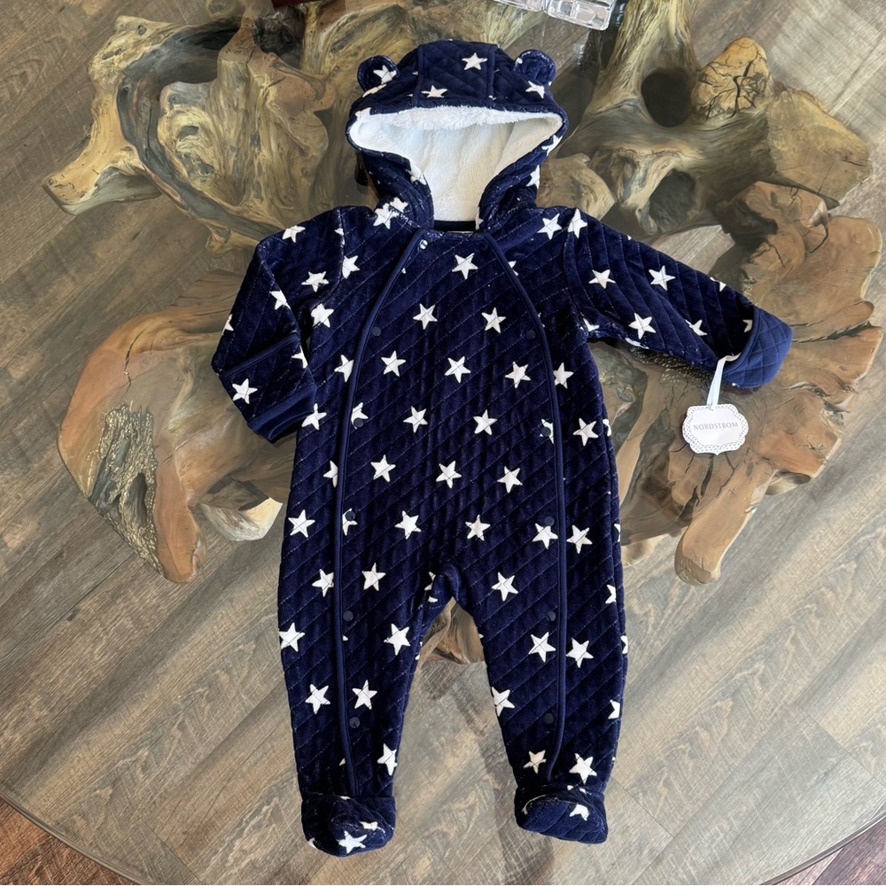 NEW! Nordstrom Baby Hooded Quilted Fleece Lined Bunting - Navy with Stars